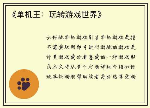 《单机王：玩转游戏世界》